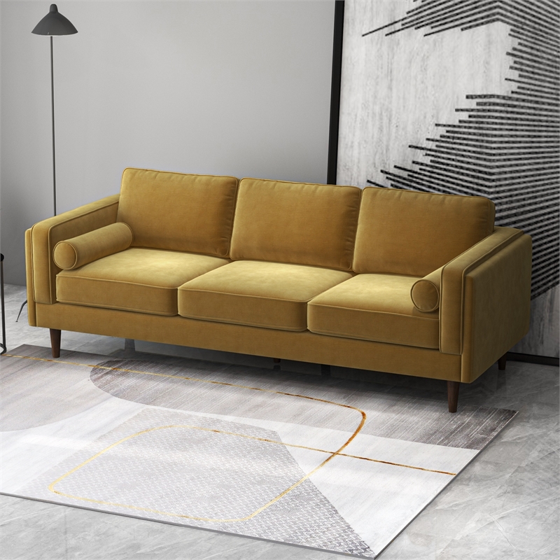 Helena Modern Living Room Pillow Back Dark Yellow Velvet Upholstered Sofa