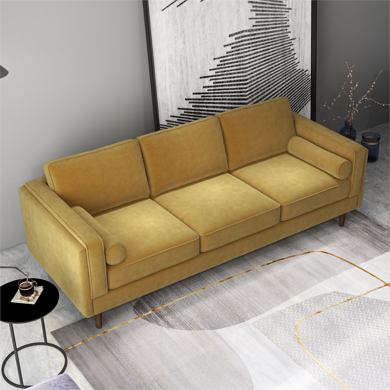 Helena Modern Living Room Pillow Back Dark Yellow Velvet Upholstered Sofa