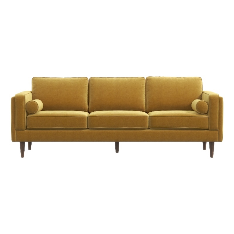 Helena Modern Living Room Pillow Back Dark Yellow Velvet Upholstered Sofa