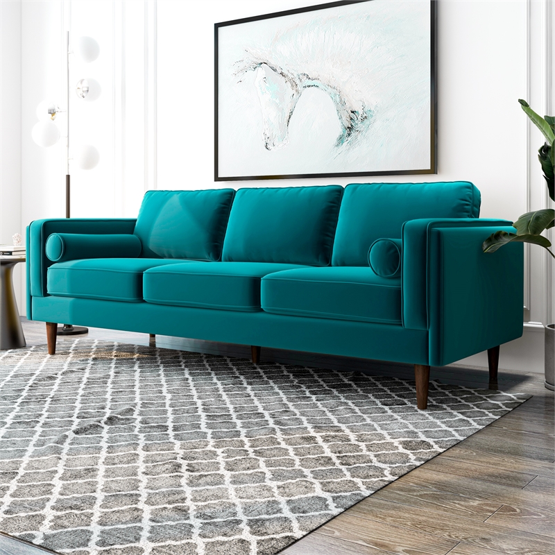 Helena Modern Living Room Rectangular Pillow Back Turquoise Velvet Sofa