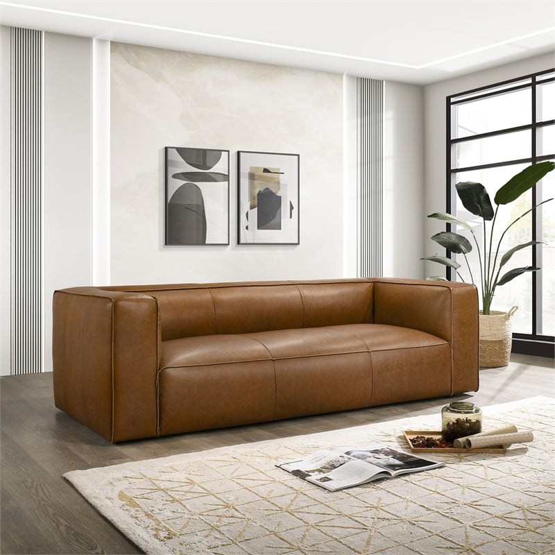 Pattison Rectangular Genuine Leather Sofa with Tight Back in Tan
