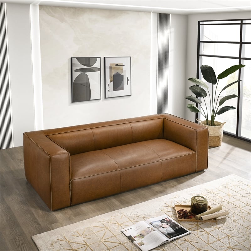 Pattison Rectangular Genuine Leather Sofa with Tight Back in Tan