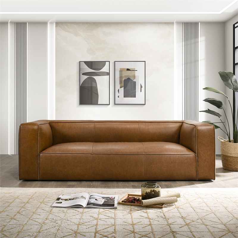 Pattison Rectangular Genuine Leather Sofa with Tight Back in Tan
