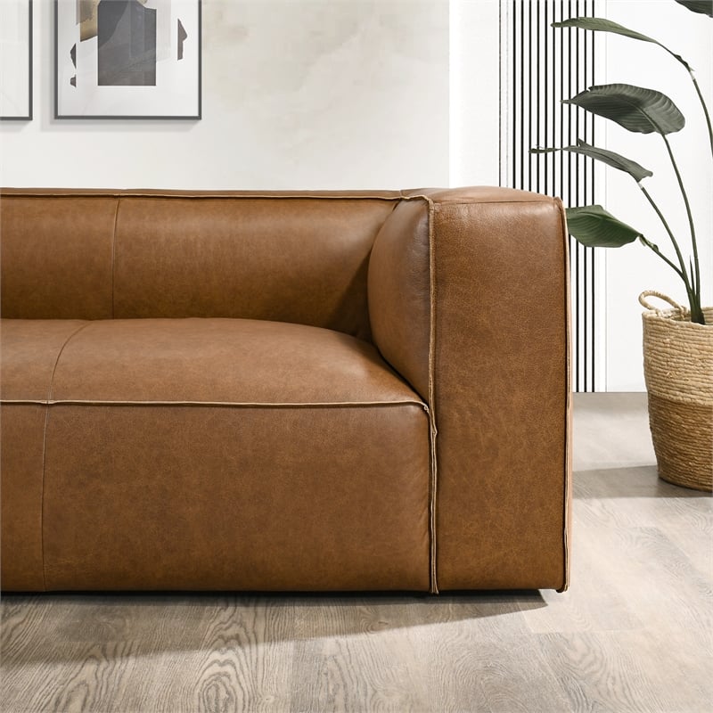 Pattison Rectangular Genuine Leather Sofa with Tight Back in Tan