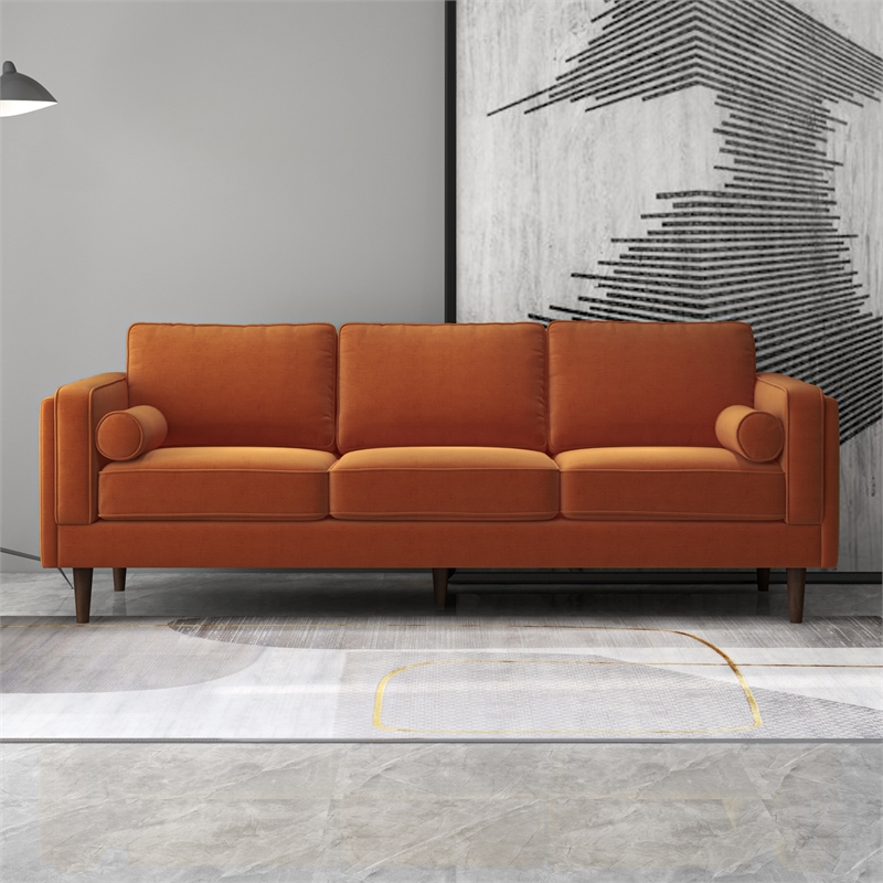 Helena Modern Living Room Rectangular Pillow Back Orange Velvet Sofa