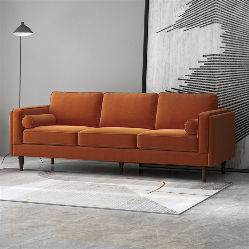 Helena Modern Living Room Rectangular Pillow Back Orange Velvet Sofa