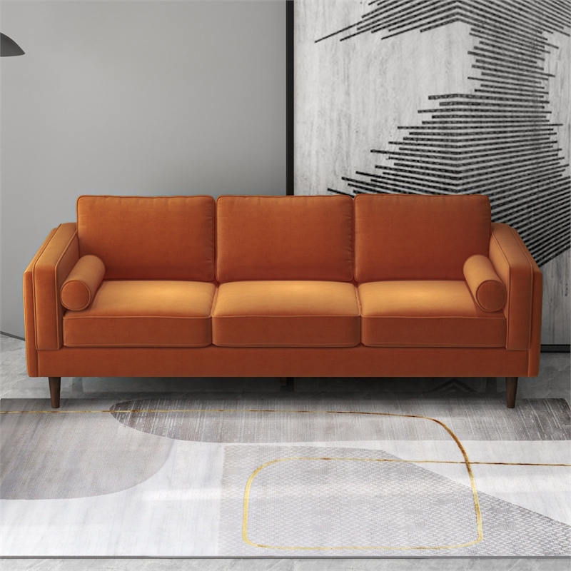 Helena Modern Living Room Rectangular Pillow Back Orange Velvet Sofa