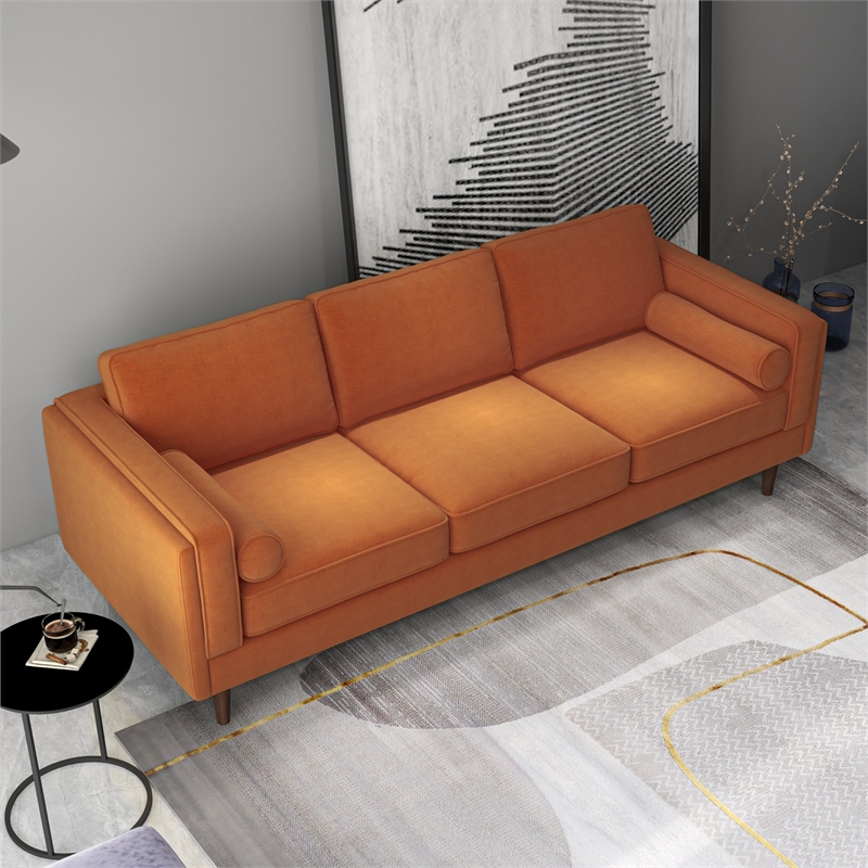 Helena Modern Living Room Rectangular Pillow Back Orange Velvet Sofa