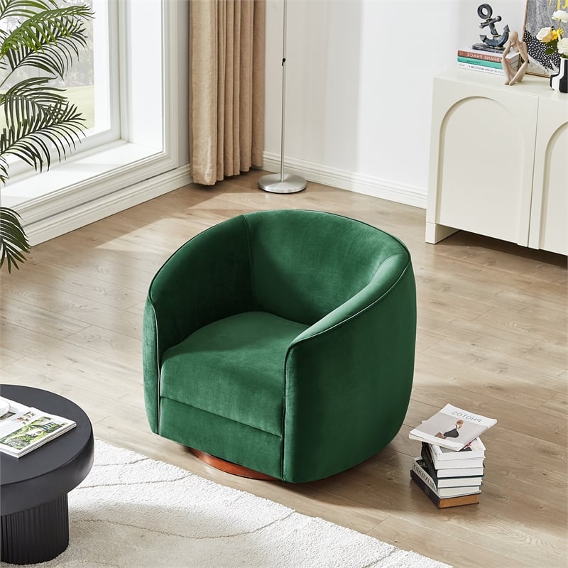 Lantern Mid-Century Modern Round Back Green Velvet Swivel Chair - Thumbnail 2