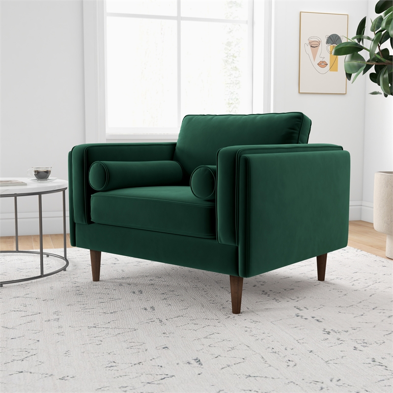 Hudson Modern Living Room Pillow Back Velvet Armchair in Dark Green