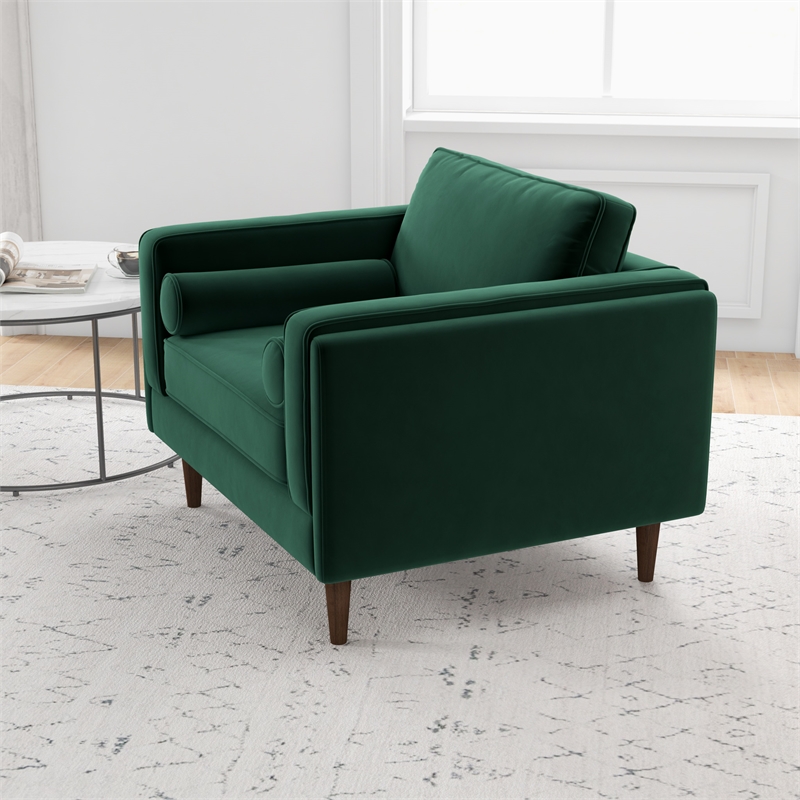 Hudson Modern Living Room Pillow Back Velvet Armchair in Dark Green