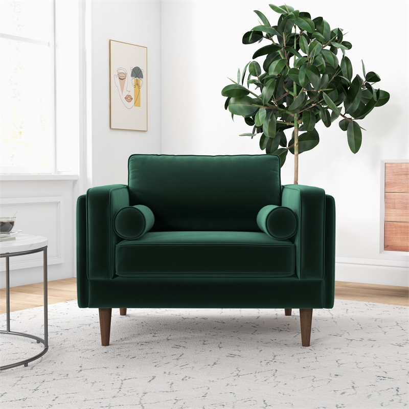 Hudson Modern Living Room Pillow Back Velvet Armchair in Dark Green