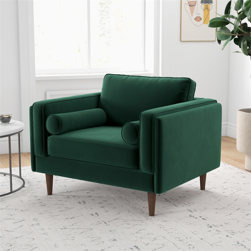 Hudson Modern Living Room Pillow Back Velvet Armchair in Dark Green