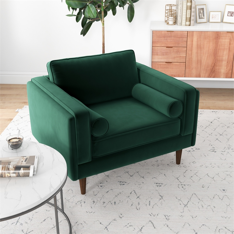 Hudson Modern Living Room Pillow Back Velvet Armchair in Dark Green