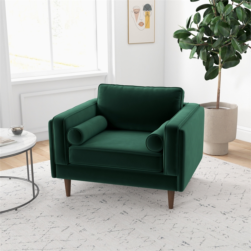 Hudson Modern Living Room Pillow Back Velvet Armchair in Dark Green