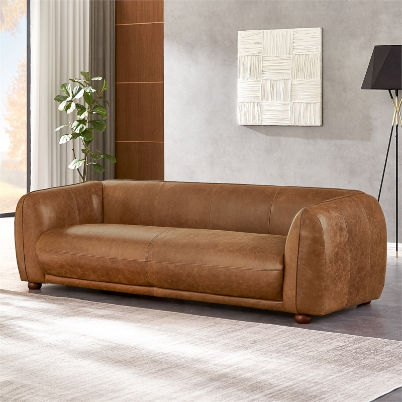 Maylo Mid Century Modern Luxury Italian Leather Couch in Brown Tan