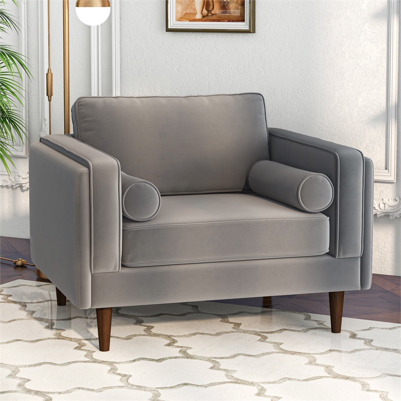 Hudson Mid-Century Modern Pillow Back Velvet Upholstered Armchair in Gray