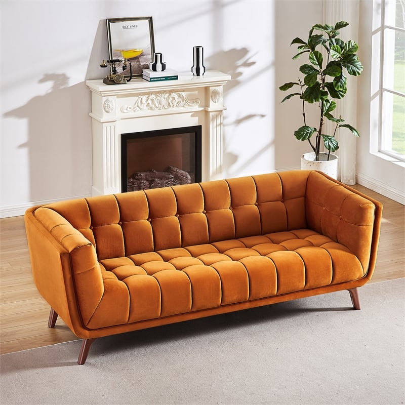 Alosio Mid Century Rectangular Tufted Back Velvet Upholstered Sofa in Orange