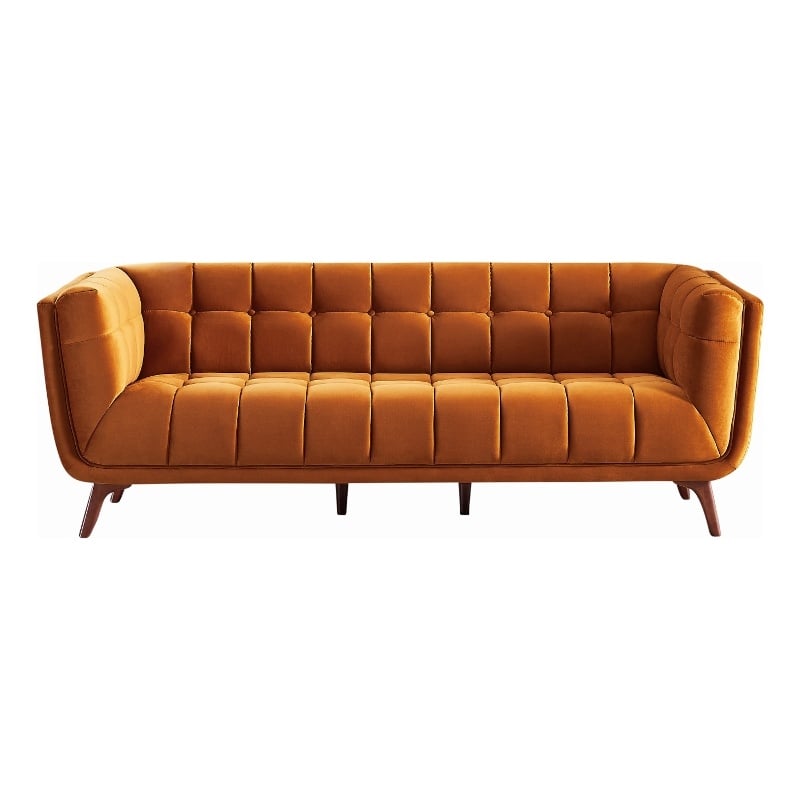 Alosio Mid Century Rectangular Tufted Back Velvet Upholstered Sofa in Orange