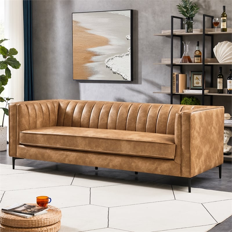 Ashcroft Kendrix 84'' Leather Upholstered Sofa in Cognac Tan
