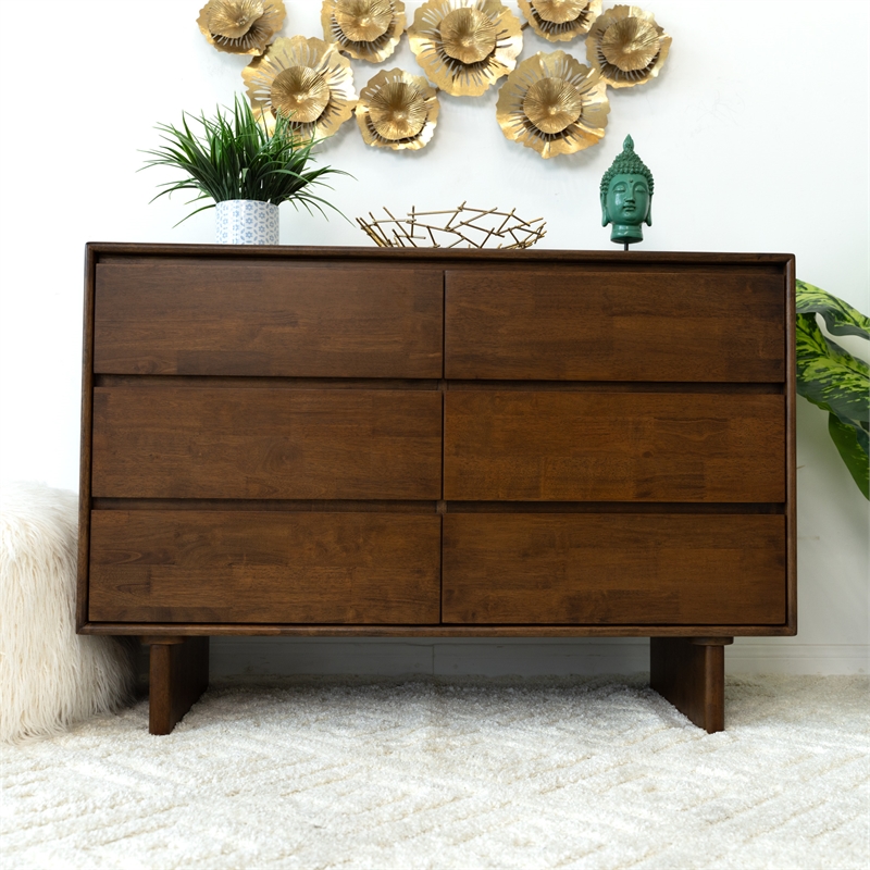 Boston Mid Century Modern Solid Wood Walnut Dresser with 6 Drawers