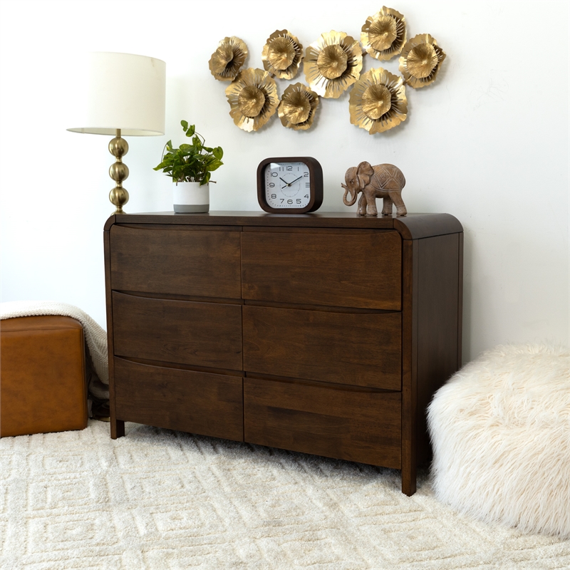 Arton Mid Century Modern Solid Wood Walnut Dresser with 6 Drawers