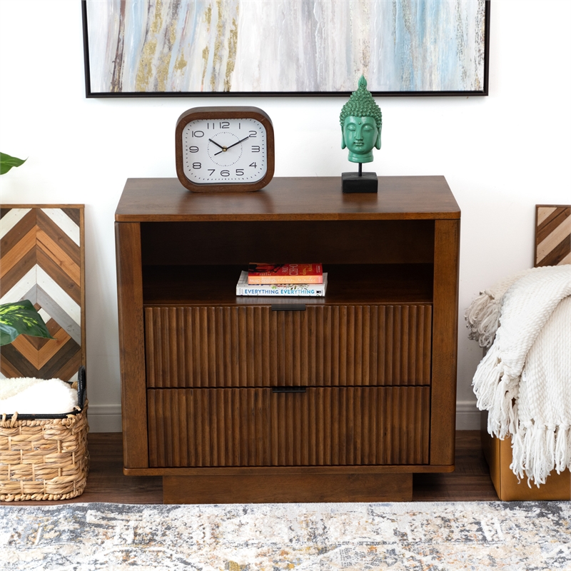 Carla Mid Century Modern Solid Wood Walnut Nightstand with 2 Drawers