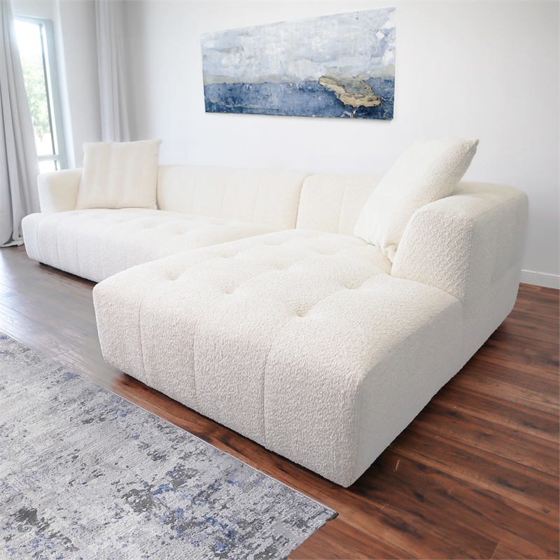 Kayzer Mid-Century Boucle Fabric L-Shaped Right Sectional Sofa in Ivory