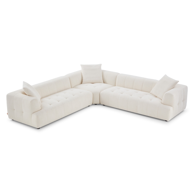 Kayzer Mid-Century Modern Ivory Boucle Fabric Corner Sofa
