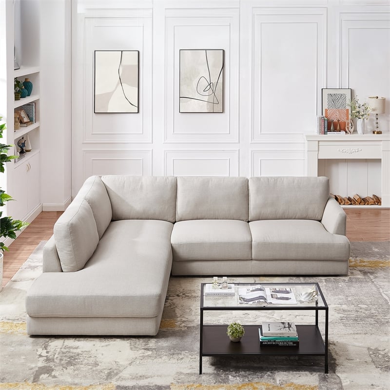 Griffith Modern Cozy Living Room Left Facing Cream Fabric Linen Sectional Sofa