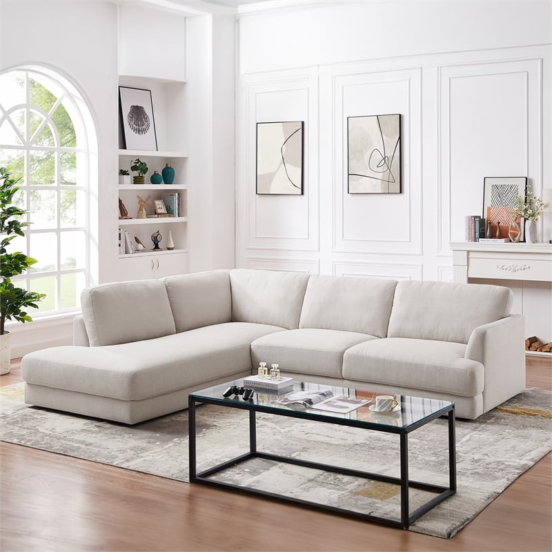 Griffith Modern Cozy Living Room Left Facing Cream Fabric Linen Sectional Sofa