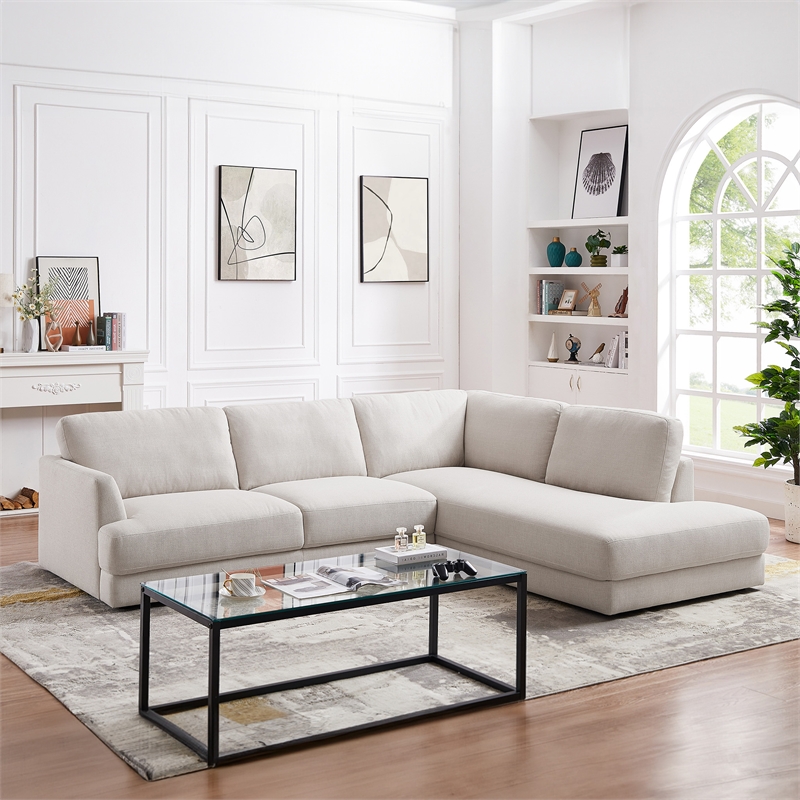Griffith Modern Cozy Living Room Right Facing Cream Fabric Linen Sectional Sofa