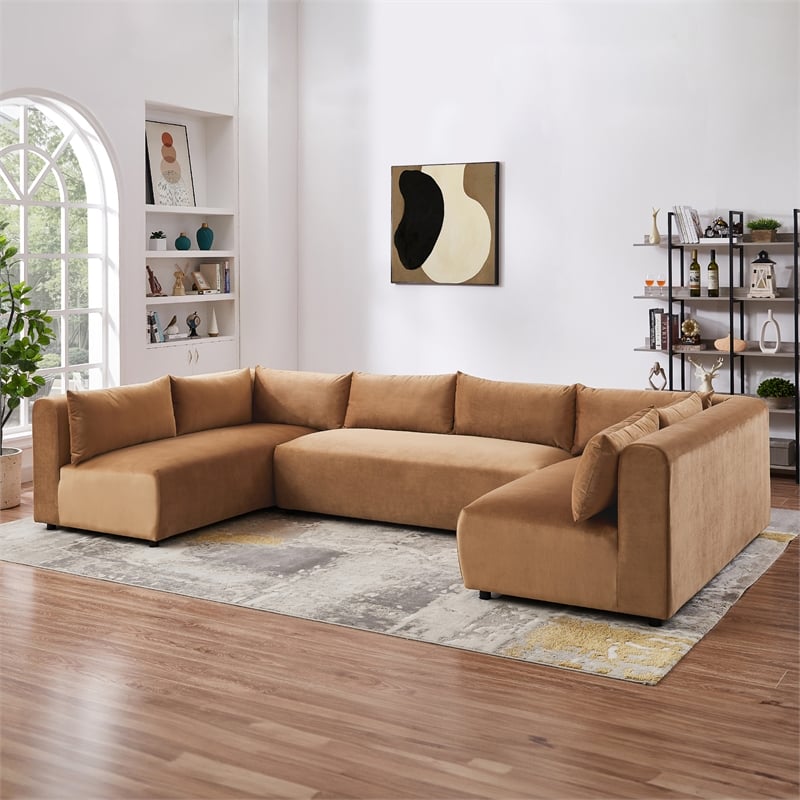 Glenmont Mid Century Modern Modular Cognac Tan Velvet Comfy Sectional Couch