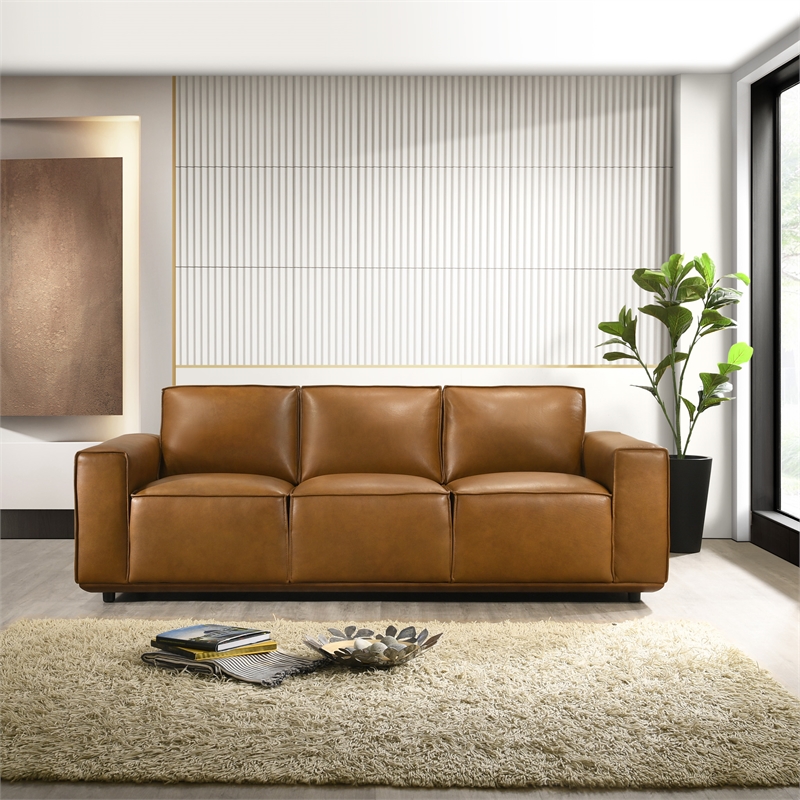 Bannerman Mid Century Modern Furniture Style Living Room Leather Sofa in Tan