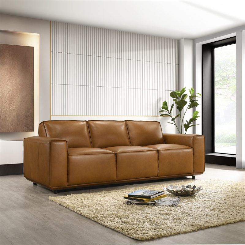 Bannerman Mid Century Modern Furniture Style Living Room Leather Sofa in Tan