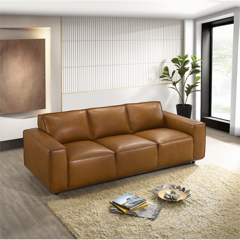Bannerman Mid Century Modern Furniture Style Living Room Leather Sofa in Tan