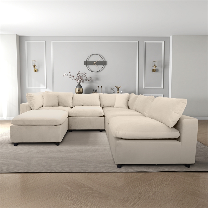 Fremont Mid Century Modern Modular Ivory Velvet Comfy Sectional Couch