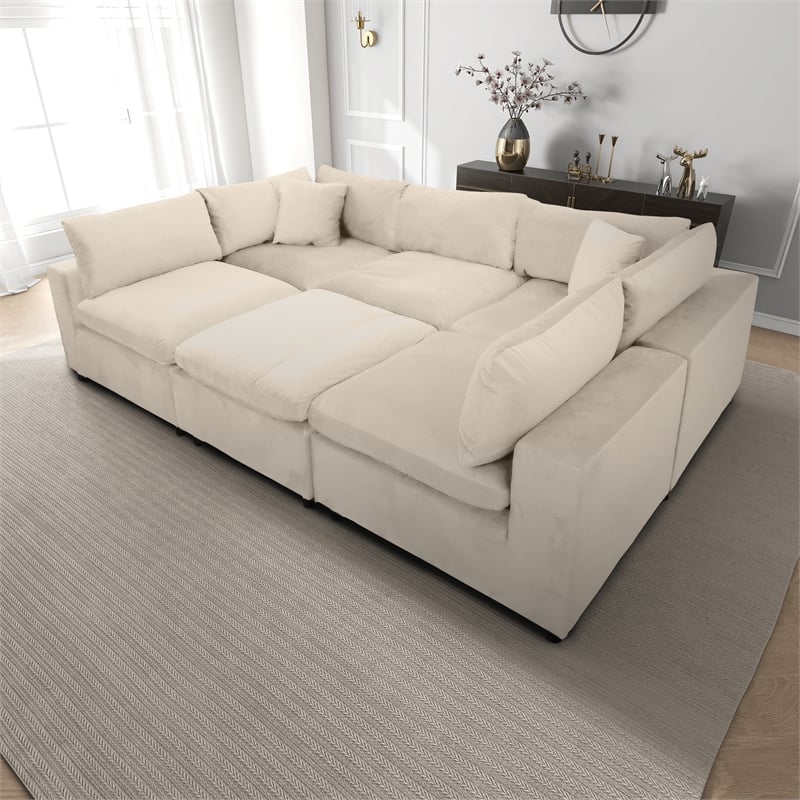 Fremont Mid Century Modern Modular Ivory Velvet Comfy Sectional Couch