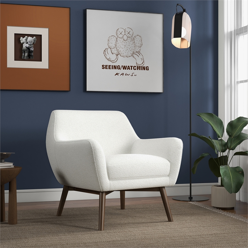 Camille Mid-Century Modern Fabric Upholstered Armchair in White