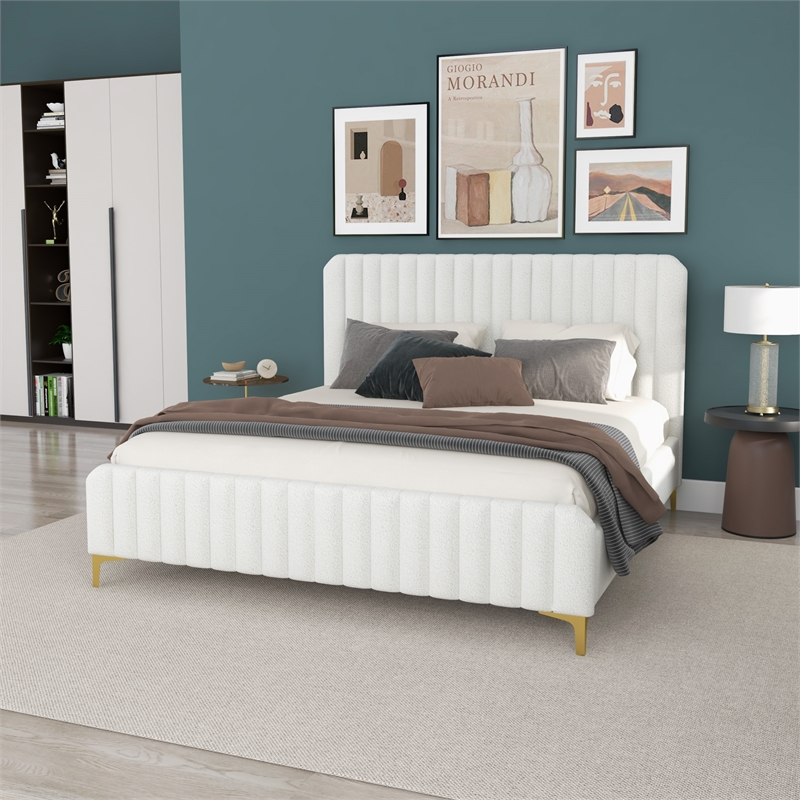 Angelou Upholstered Mid-Century Fabric King Size Platform Bed in Cream