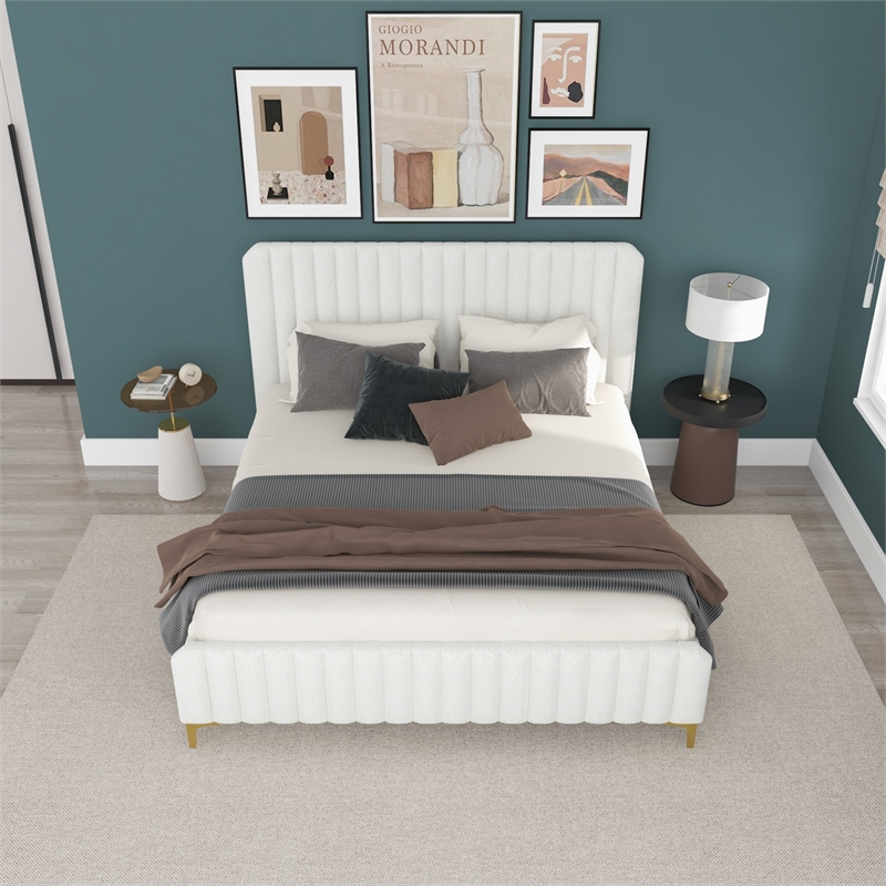 Angelou Upholstered Mid-Century Fabric King Size Platform Bed in Cream