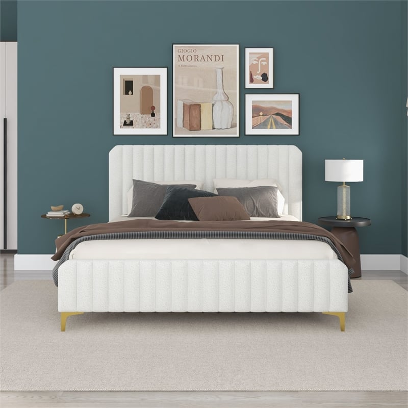 Angelou Upholstered Mid-Century Fabric King Size Platform Bed in Cream
