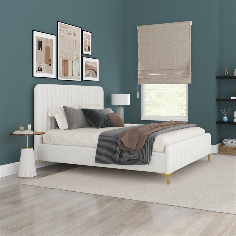 Angelou Upholstered Mid-Century Fabric King Size Platform Bed in Cream