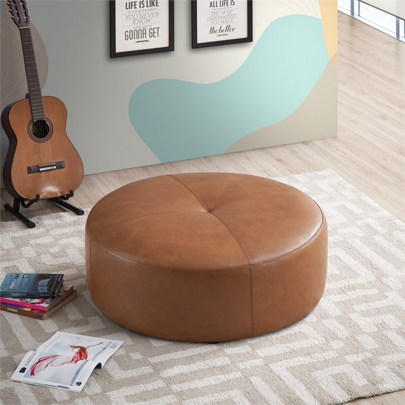Roshbach Round Mid-Century Genuine Leather Ottoman in Tan