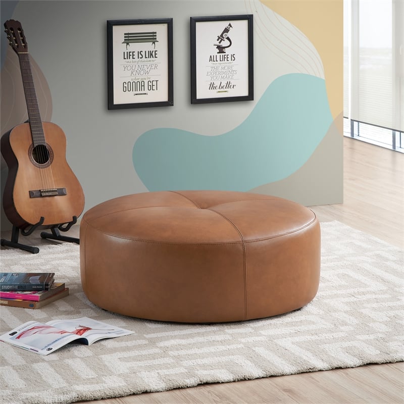 Roshbach Round Mid-Century Genuine Leather Ottoman in Tan