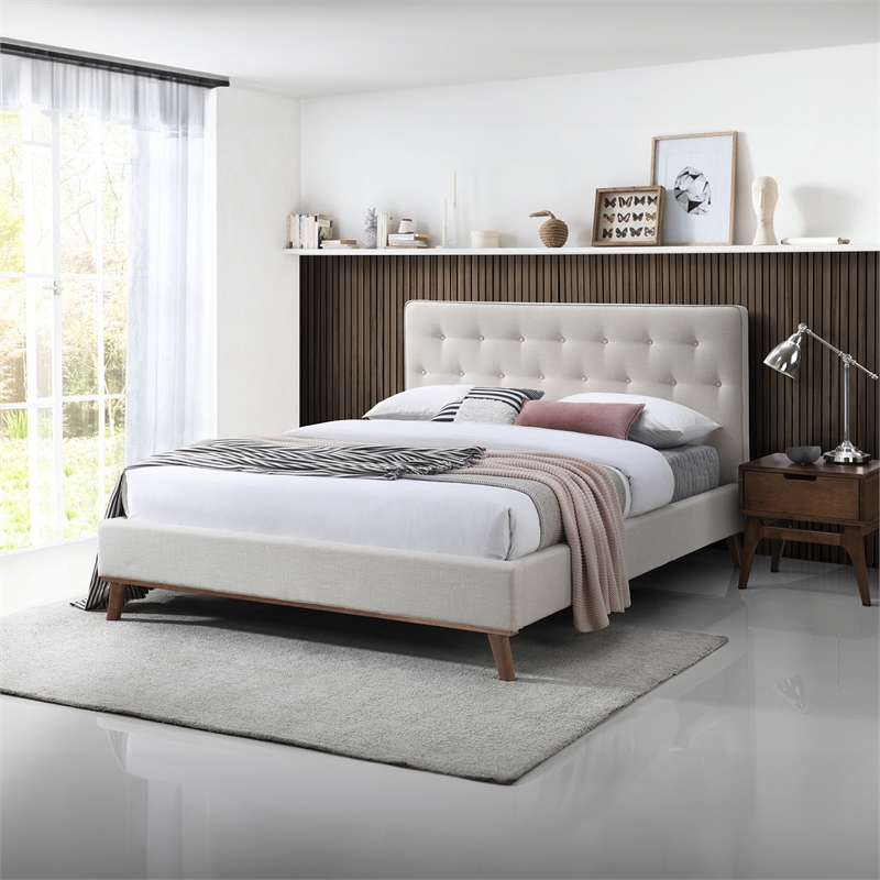 Wyatt Upholstered Fabric Queen Size Platform Bed in Light Beige