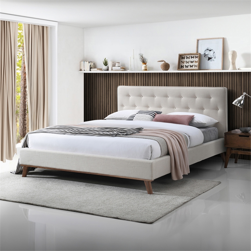 Wyatt Upholstered Fabric King Size Platform Bed in Light Beige