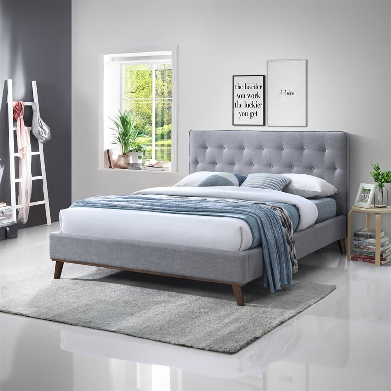 Wyatt Upholstered Fabric Queen Size Platform Bed in Light Gray