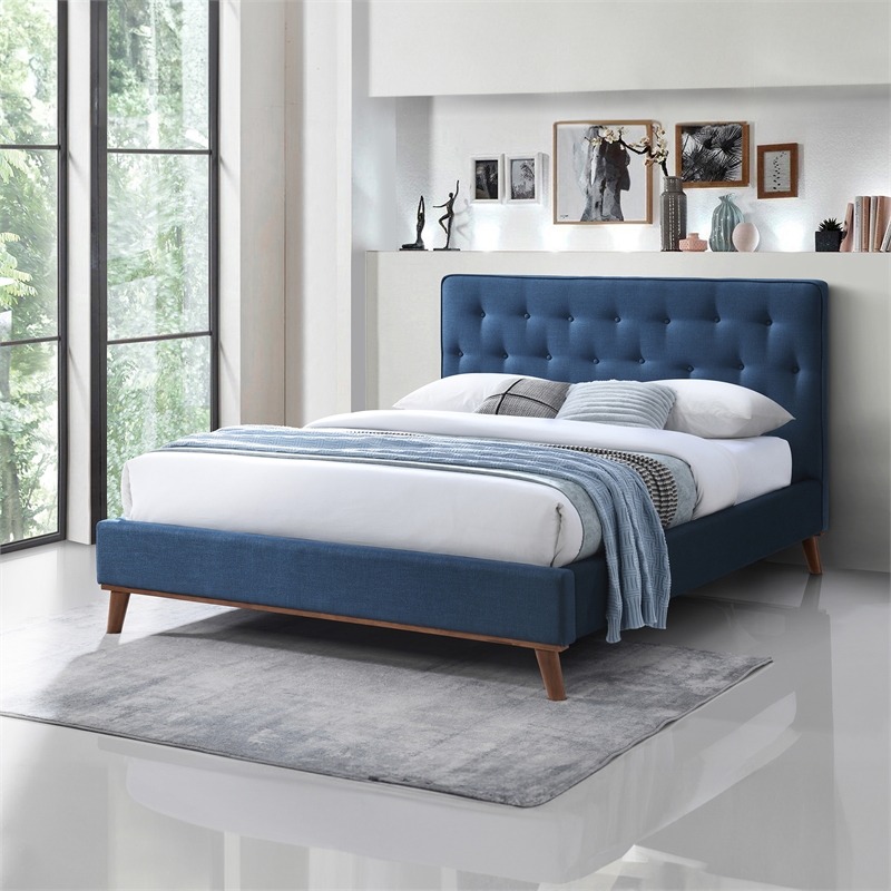 Wyatt Upholstered Fabric Queen Size Platform Bed in Navy Blue