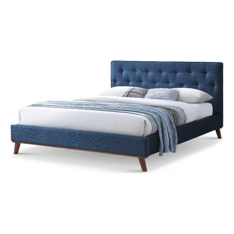 Wyatt Upholstered Fabric King Size Platform Bed in Navy Blue
